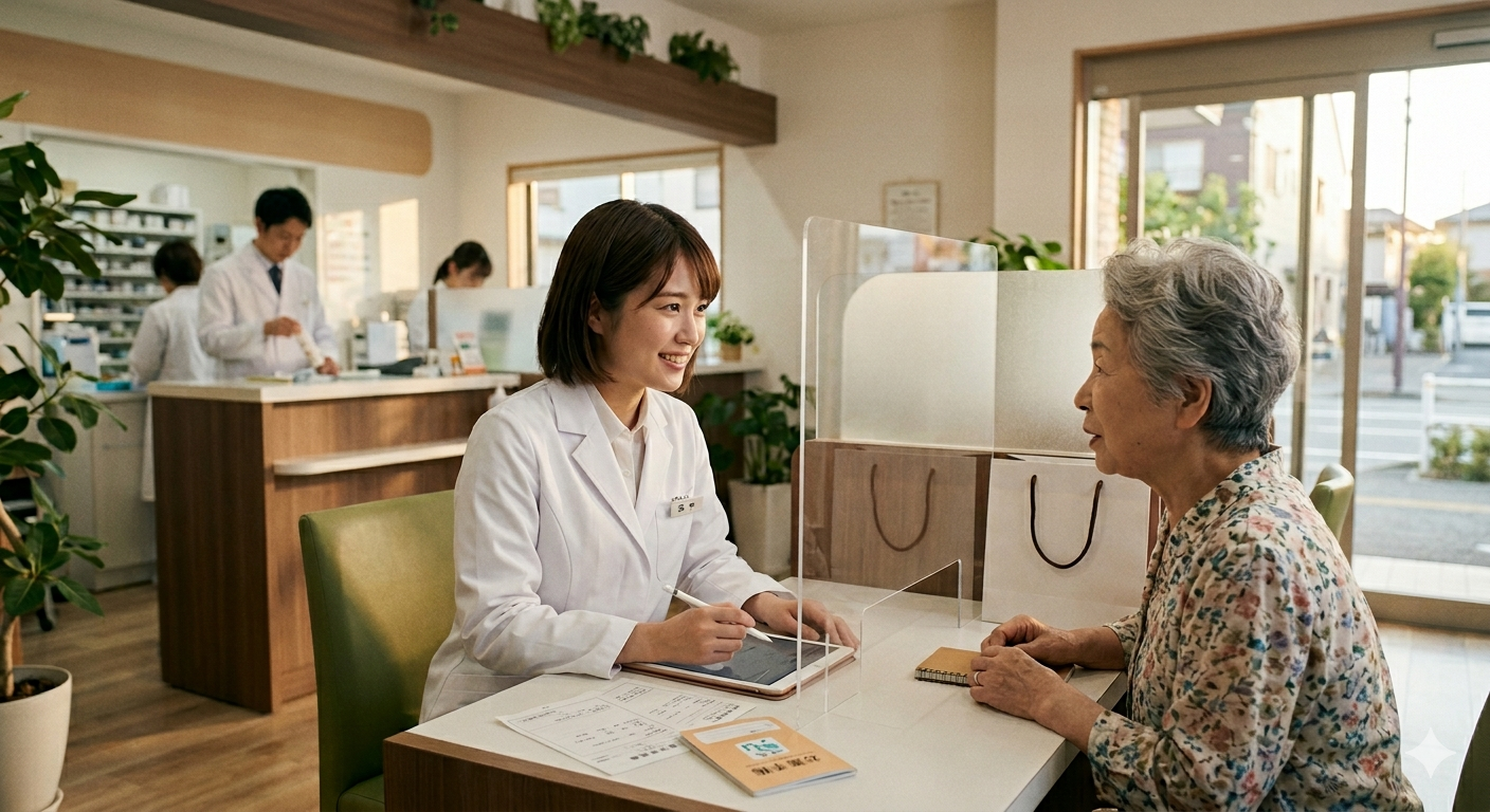 あしだ薬局のカウンターで薬剤師が患者さんの相談を受ける様子